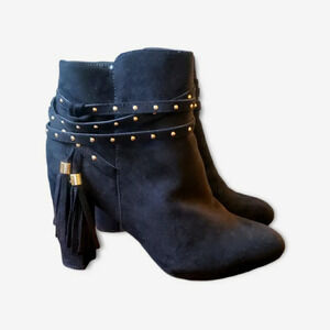 Bamboo Bootie Women's 10 Faux Black Faux Suede Tassel Gold Studs